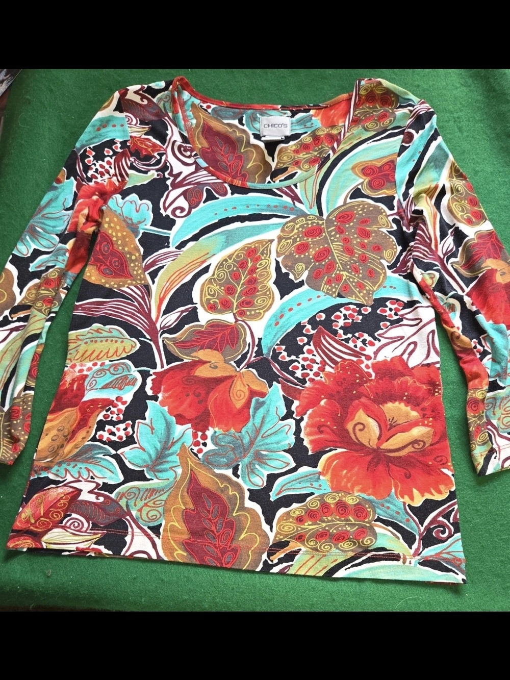 Chico's Floral V-Neck Long Sleeve Top in Red, Turquoise, Brown & Cream